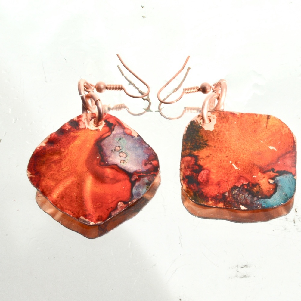 Modernist Red Blue Solid Copper Diamond Earrings Embossed Abstract Geometric - Picture 4 of 6